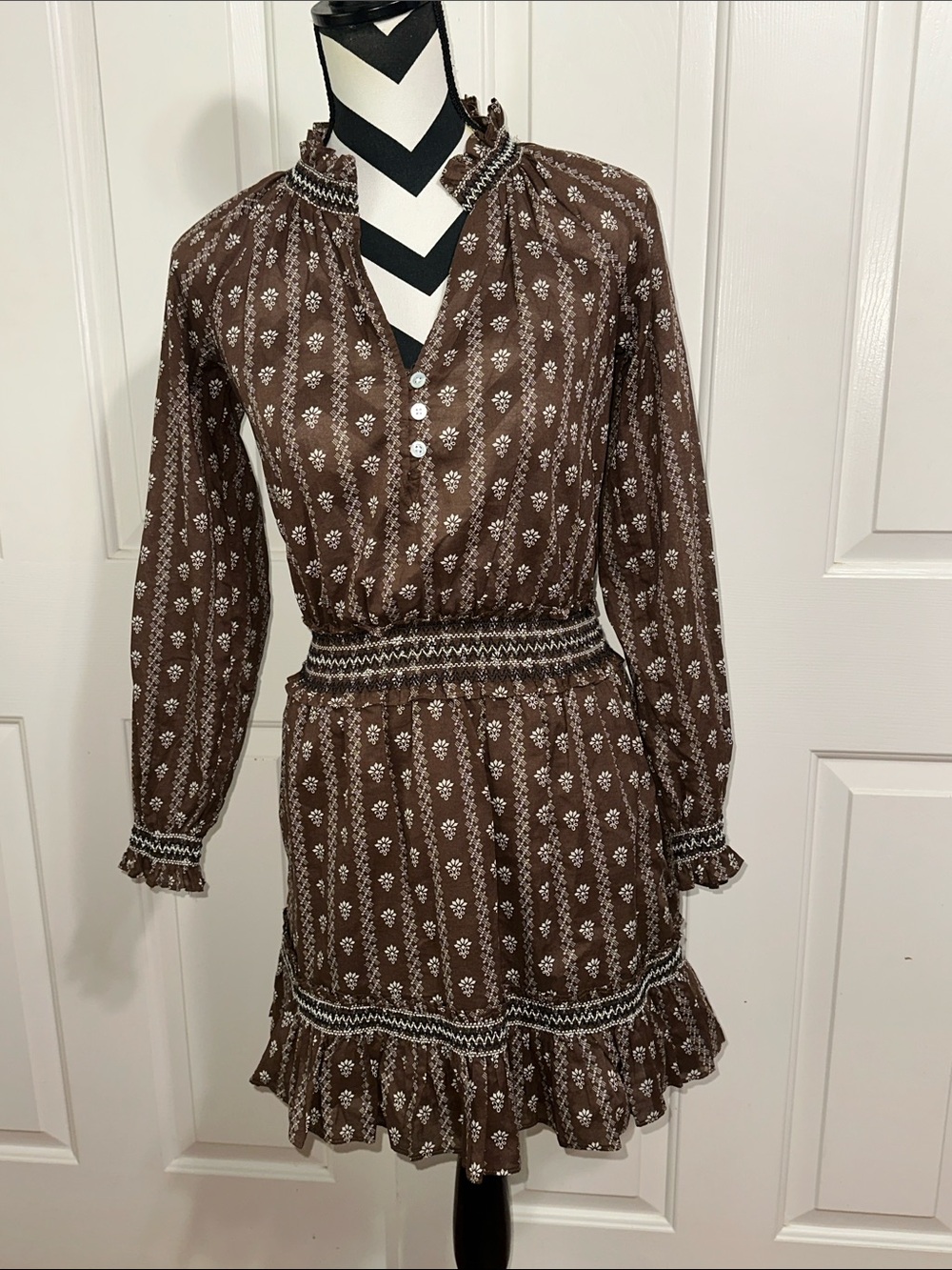 Veronica Beard Brown Floral Long-Sleeve Smocked Dress